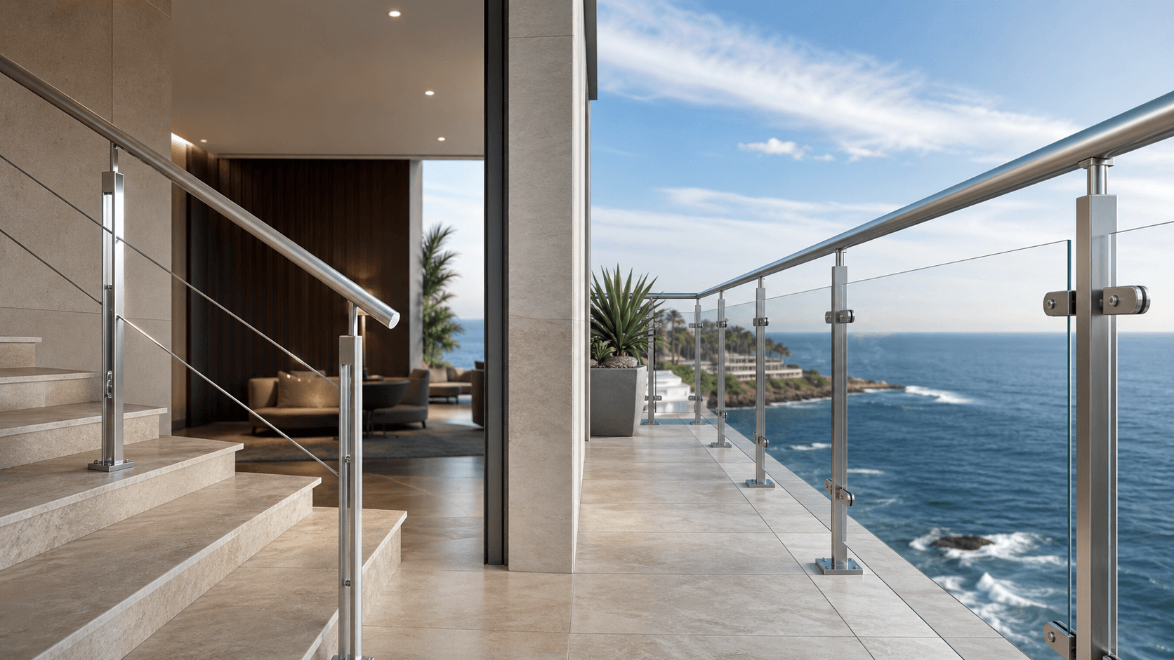 Stainless steel railings shown in protected interior and coastal exterior environments