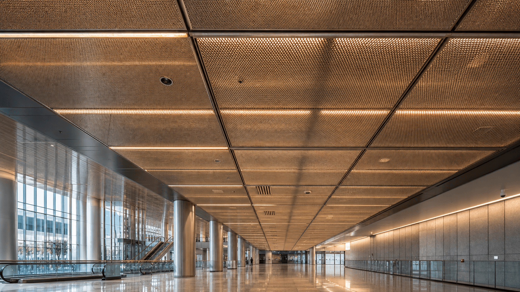 Contemporary public transit concourse with an architectural stainless steel mesh ceiling