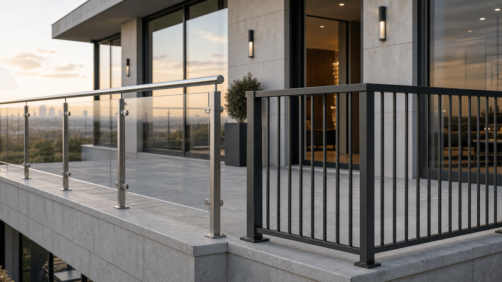 Luxury terrace comparing a stainless steel glass railing with a black aluminum picket railing