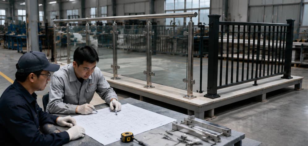 Factory team reviewing custom stainless steel and aluminum railing sample bays with project drawings