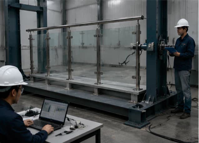 Full-size glass railing assembly undergoing controlled factory load testing