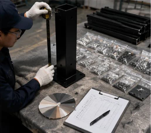 Inspector checking custom railing components and hardware before export shipment