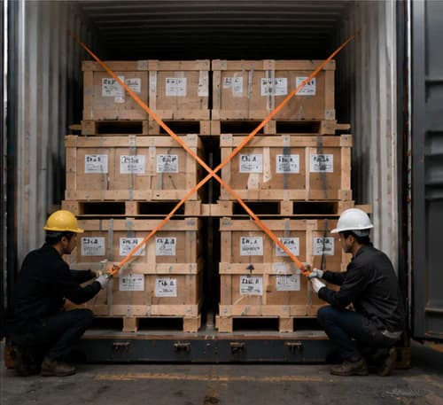 Export crates containing labeled railing components secured inside a shipping container