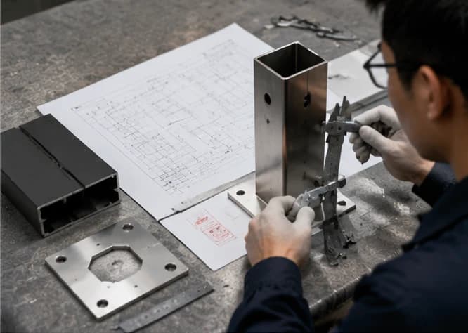 Engineer checking railing shop drawings against a machined post and base plate