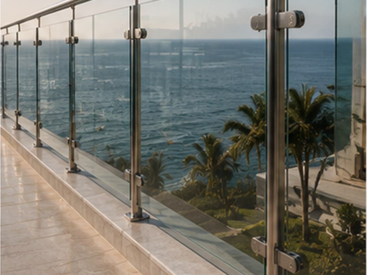 Stainless steel and clear glass balustrade installed on a premium coastal balcony