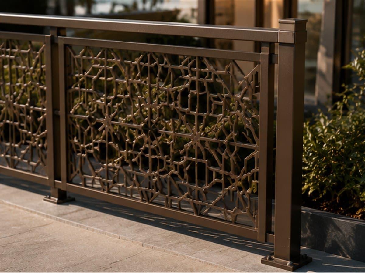 Bronze laser-cut metal railing panel with framed edges and square posts on a hospitality terrace