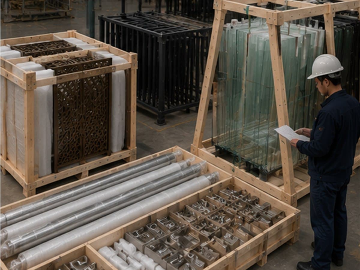 Laser-cut panels, picket railings, glass panels and hardware protected in separate export crates