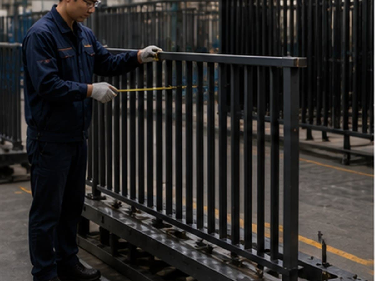 Factory technician checking the spacing and dimensions of a black vertical picket railing panel