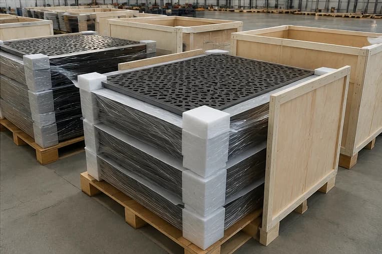 Black aluminum decorative panels separated with foam and protected in export crates