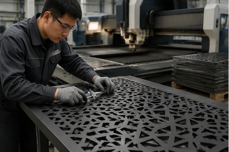 Factory technician checking a laser-cut aluminum decorative panel after precision cutting