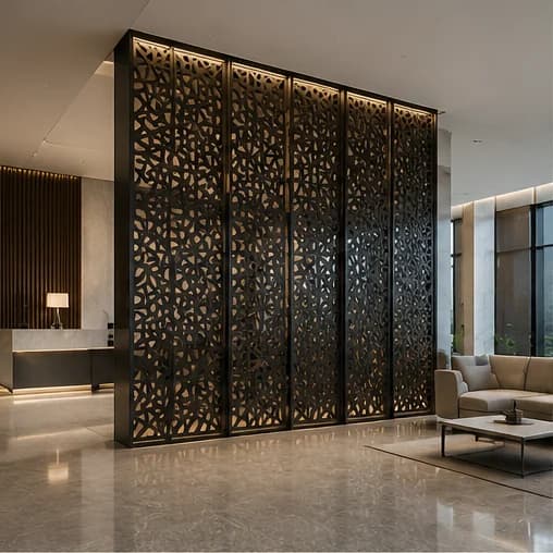 Floor-to-ceiling black aluminum decorative screen panels installed in a premium interior lobby