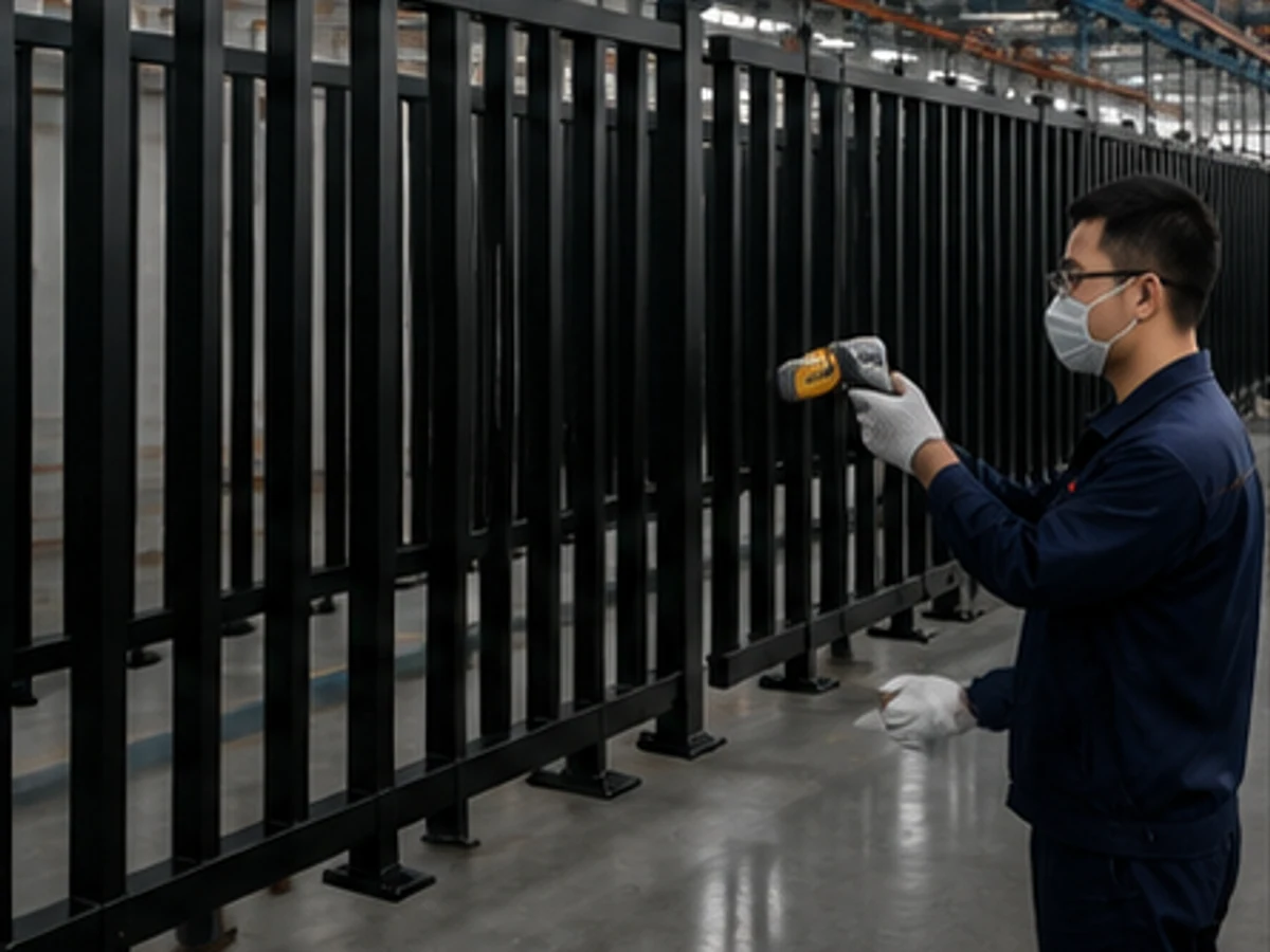 Factory technician inspecting the black powder-coated finish on aluminum railing panels
