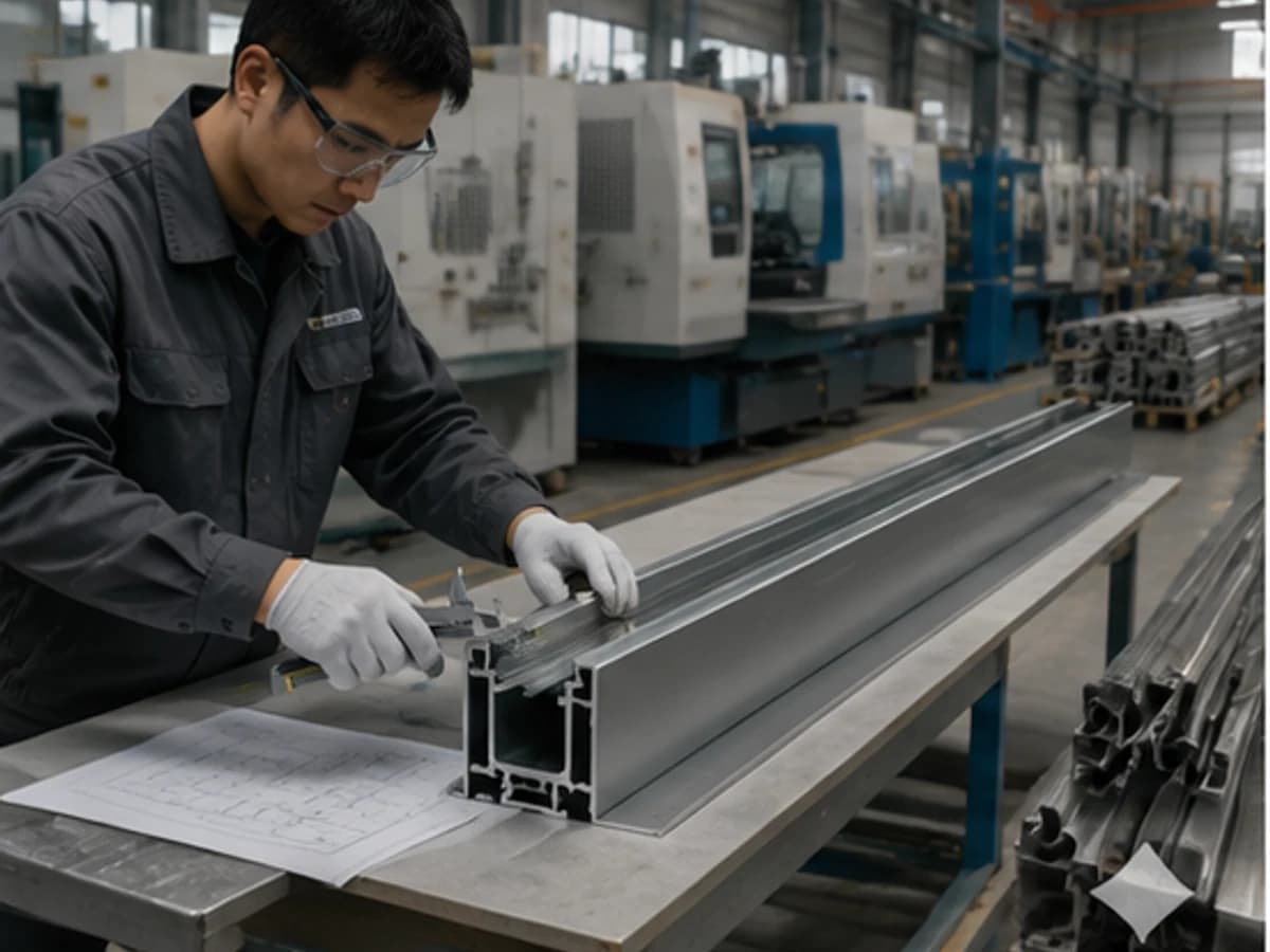 Factory technician inspecting a machined aluminum U-channel profile for a glass balustrade