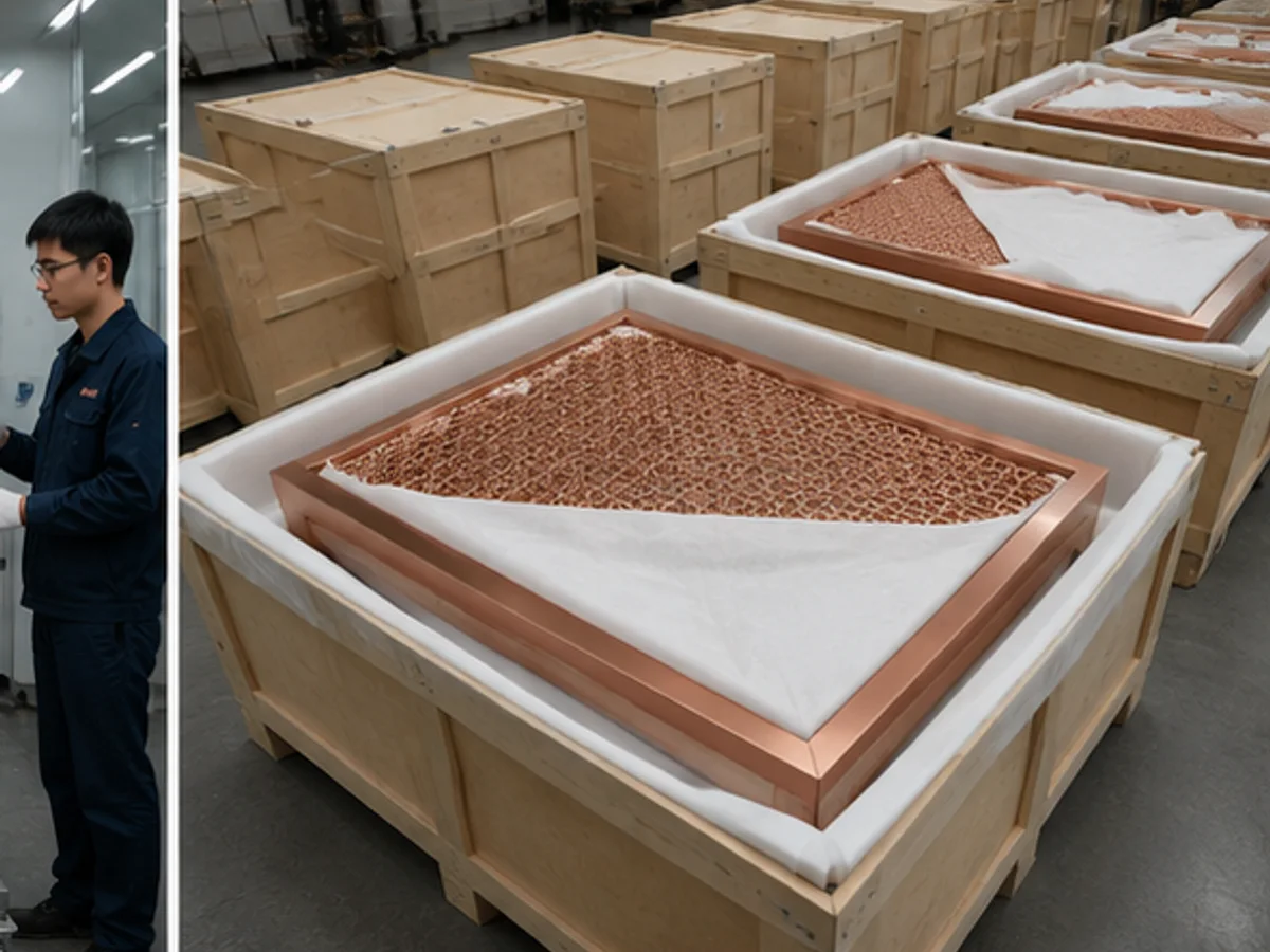 PVD architectural stainless steel mesh panels protected in foam-lined export crates