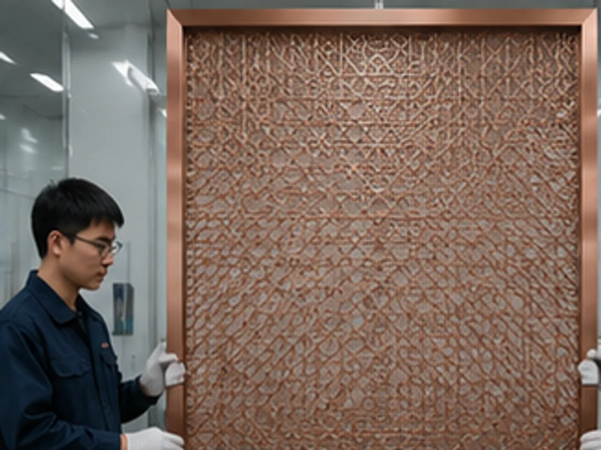 Framed architectural stainless steel mesh panel being checked during final inspection