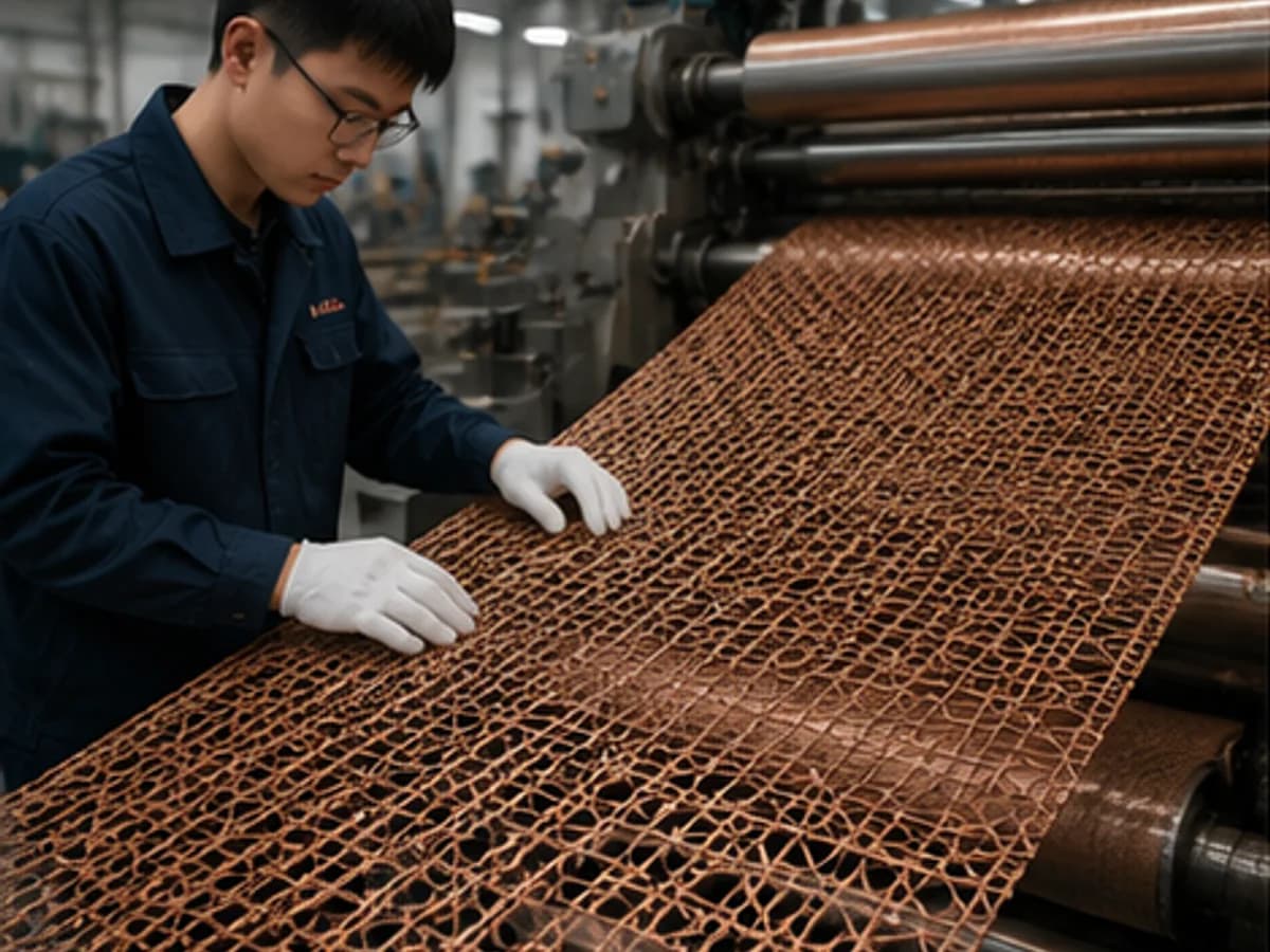 Factory technician inspecting woven architectural stainless steel mesh during precision production
