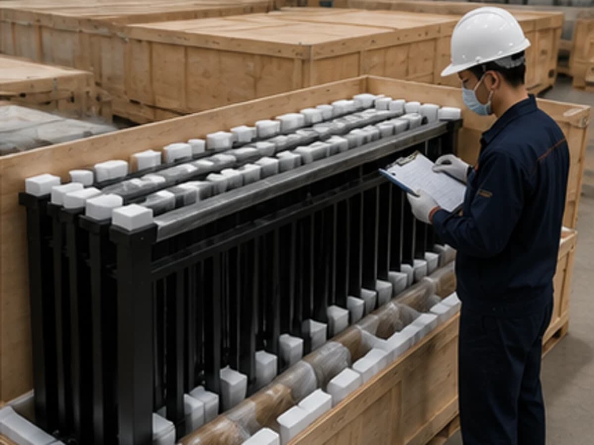 Black aluminum railing panels protected with foam spacers inside an export crate