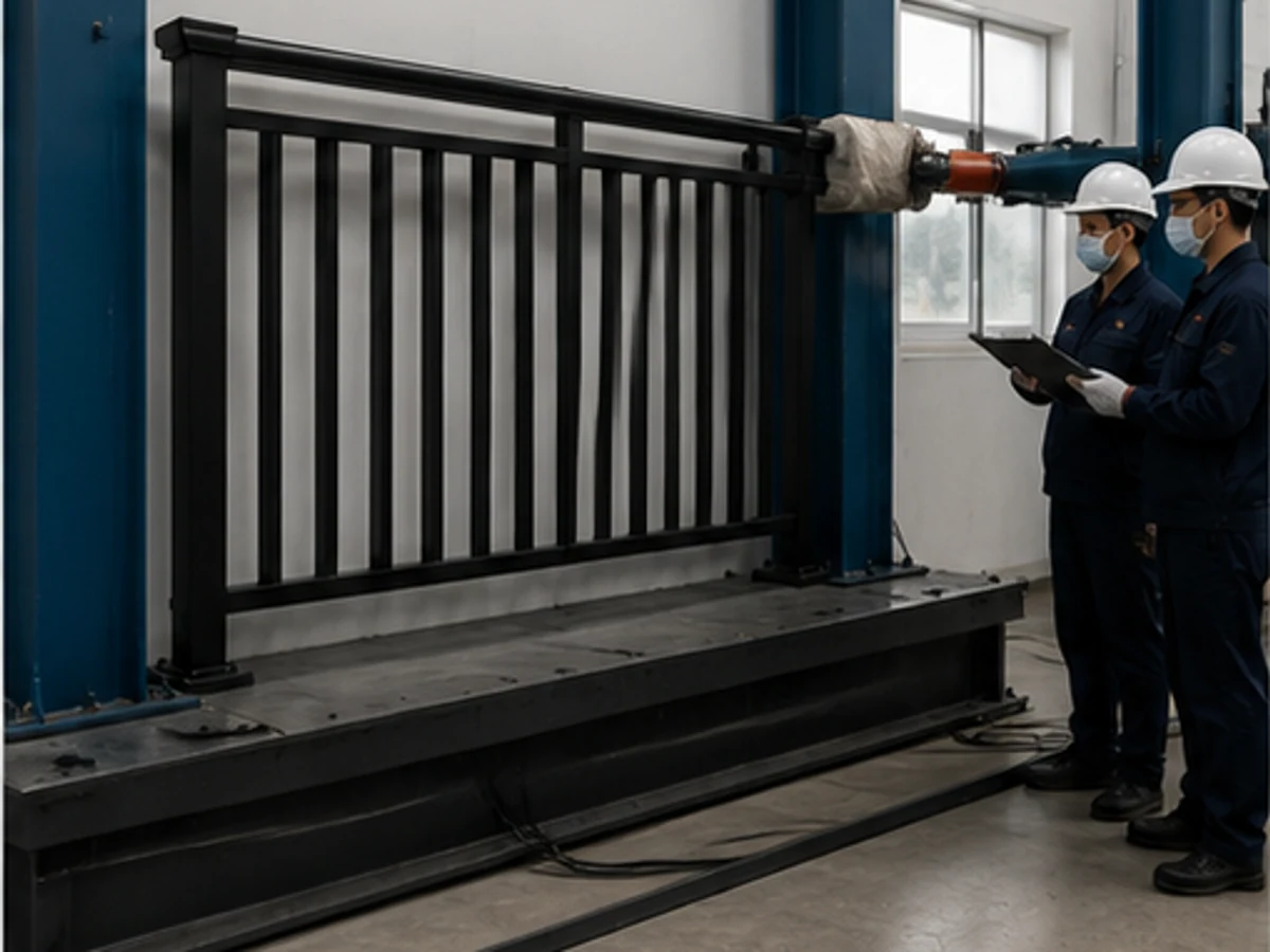 Full-size black aluminum picket railing undergoing horizontal load testing