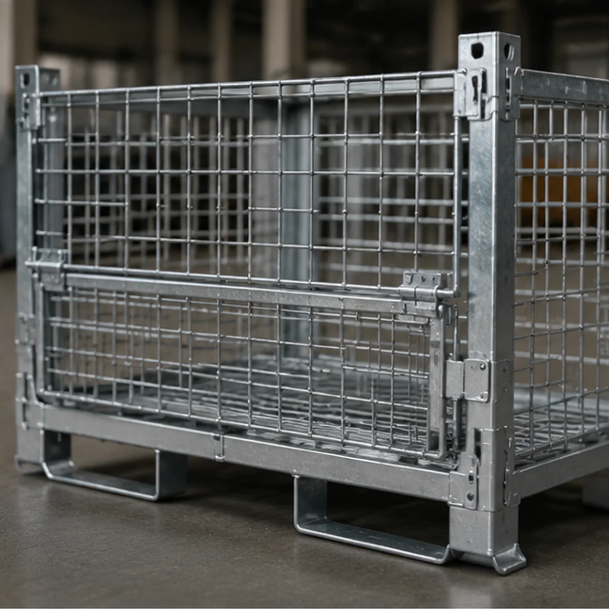 Close-up of a collapsible wire mesh container showing the front drop gate, welded mesh and fork-entry base