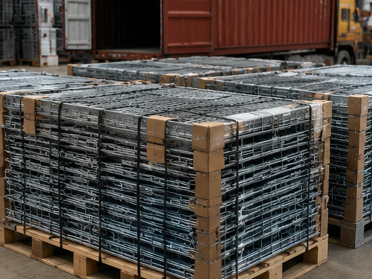 Folded wire mesh containers stacked and secured on pallets for export shipment