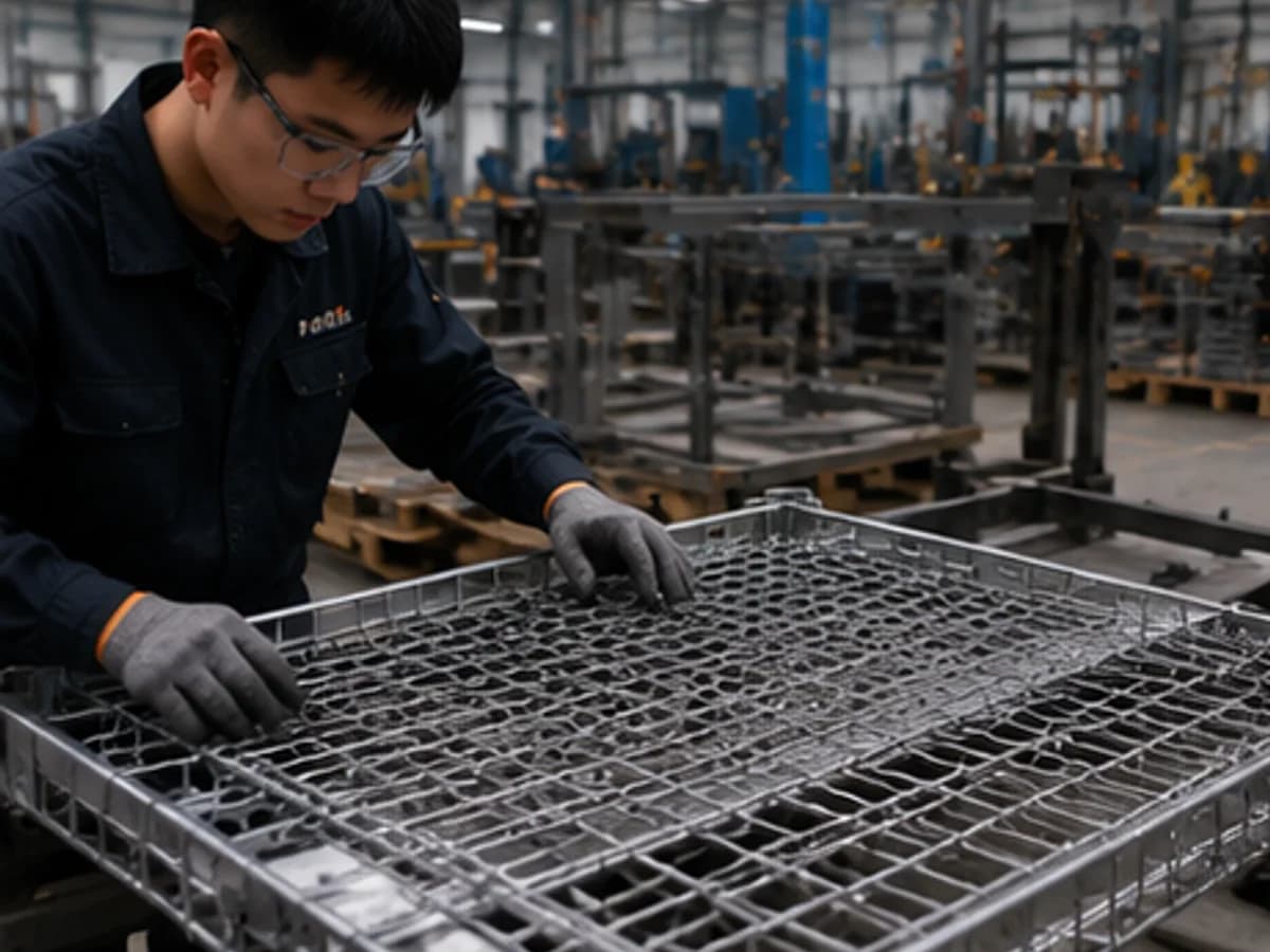 Factory technician inspecting the welded wire mesh panel of a collapsible steel storage cage