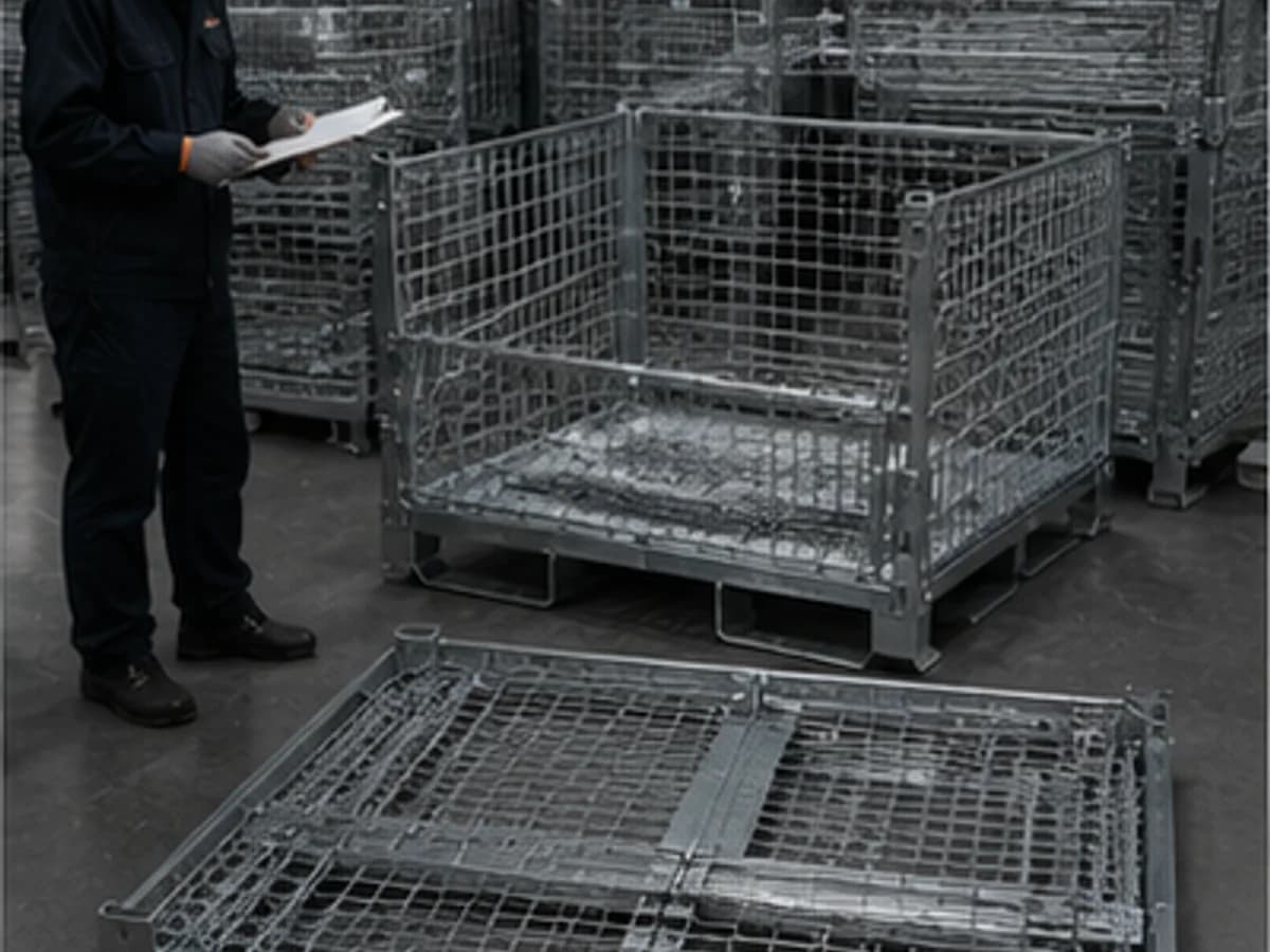 Collapsible wire mesh containers being checked for folding movement and stackable configuration
