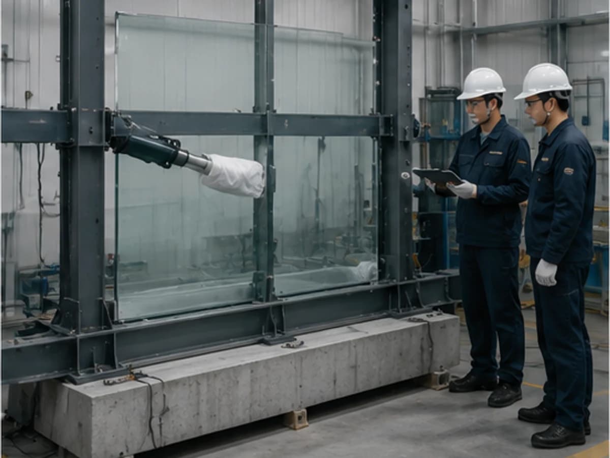 Full-size frameless glass balustrade in a test rig for horizontal load verification