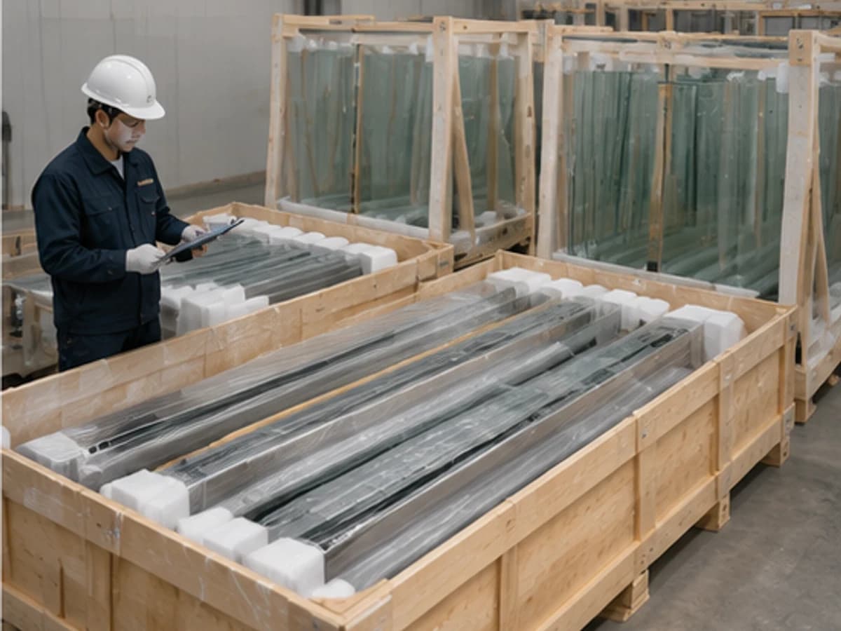 Protected aluminum channels and glass panels prepared in separate export crates