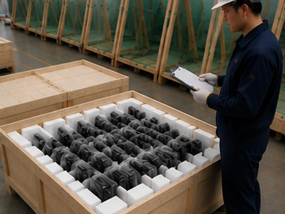 Matte black stainless steel glass spigots protected with foam inserts inside an export crate