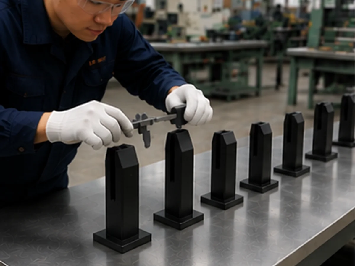 Factory technician inspecting matte black stainless steel square-base glass spigots