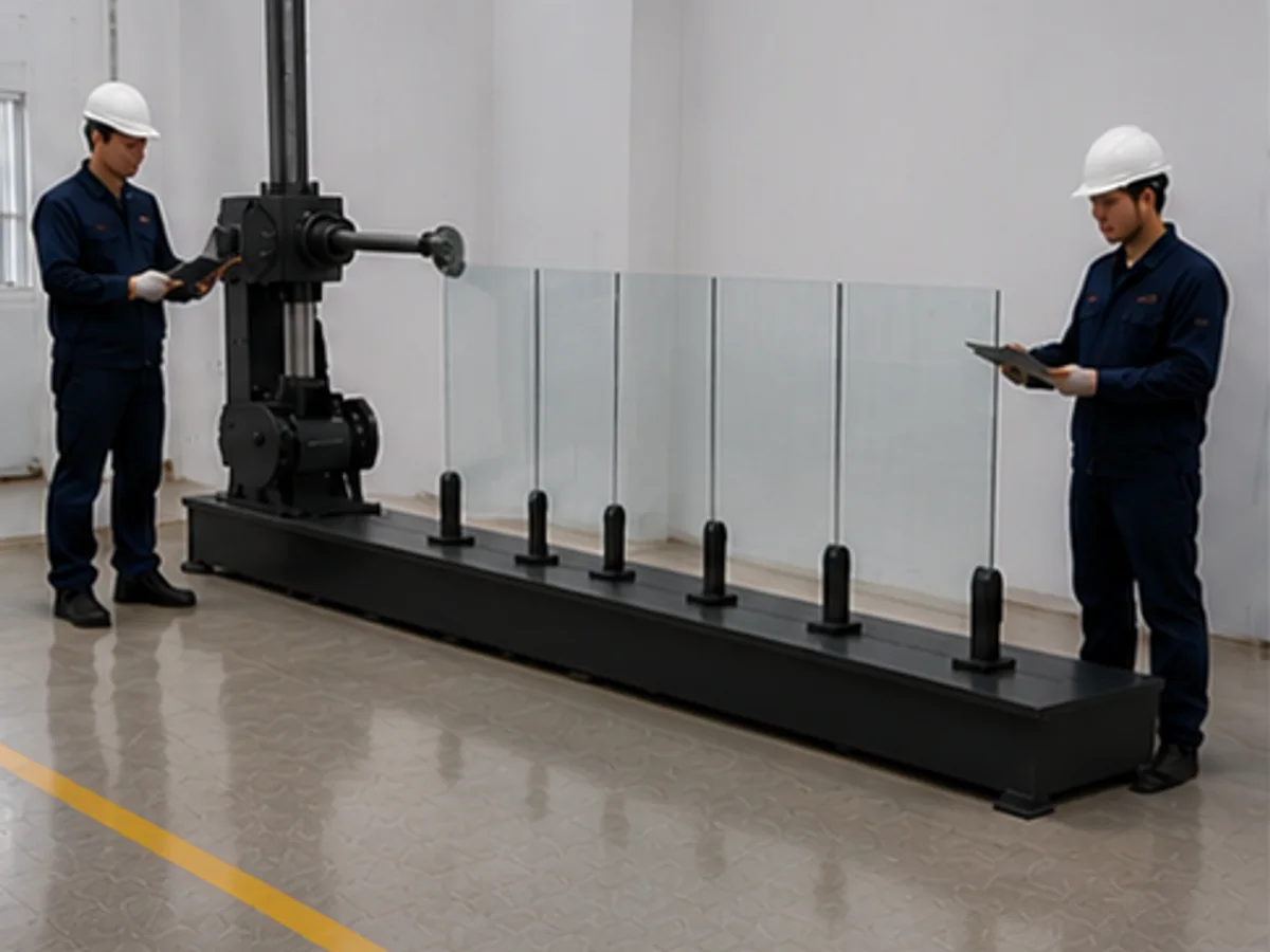 Frameless glass balustrade with square-base spigots undergoing controlled horizontal-load testing