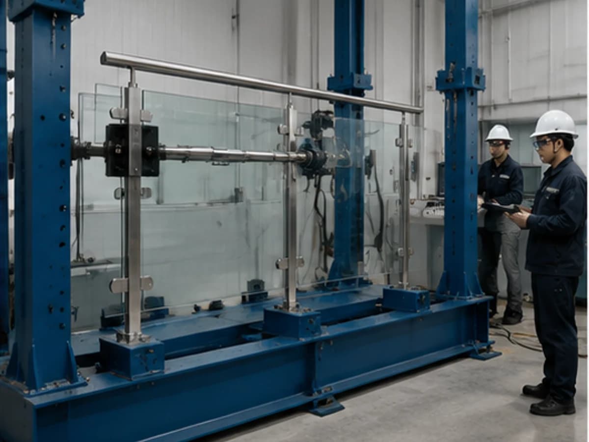 Full-size stainless steel and glass railing assembly prepared for load testing