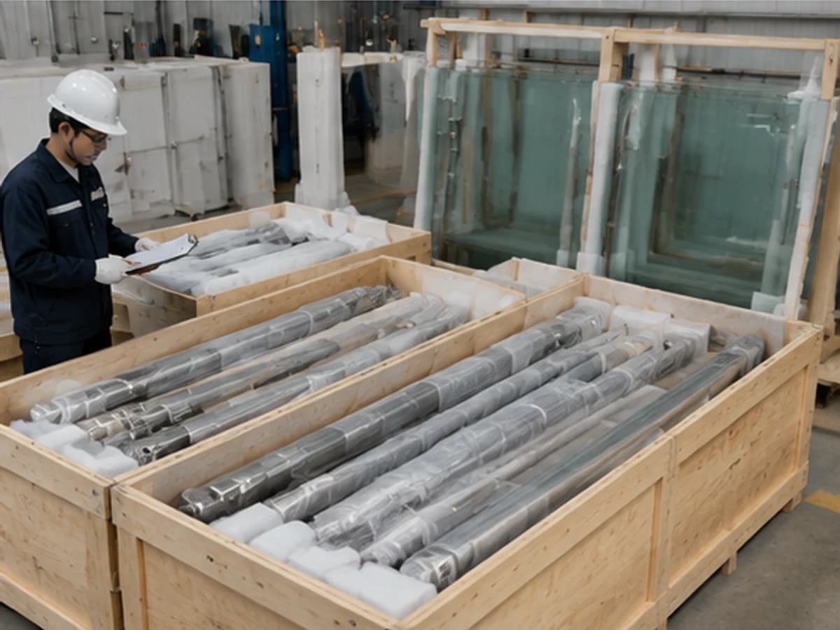 Protected stainless steel railing components and glass panels prepared in export crates