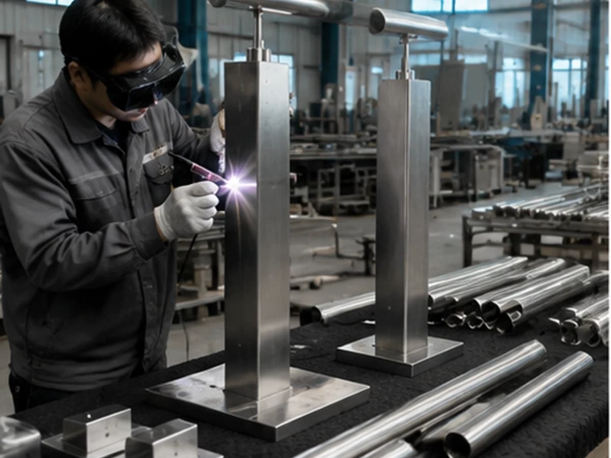 Stainless steel railing post fabrication in a metalworking workshop