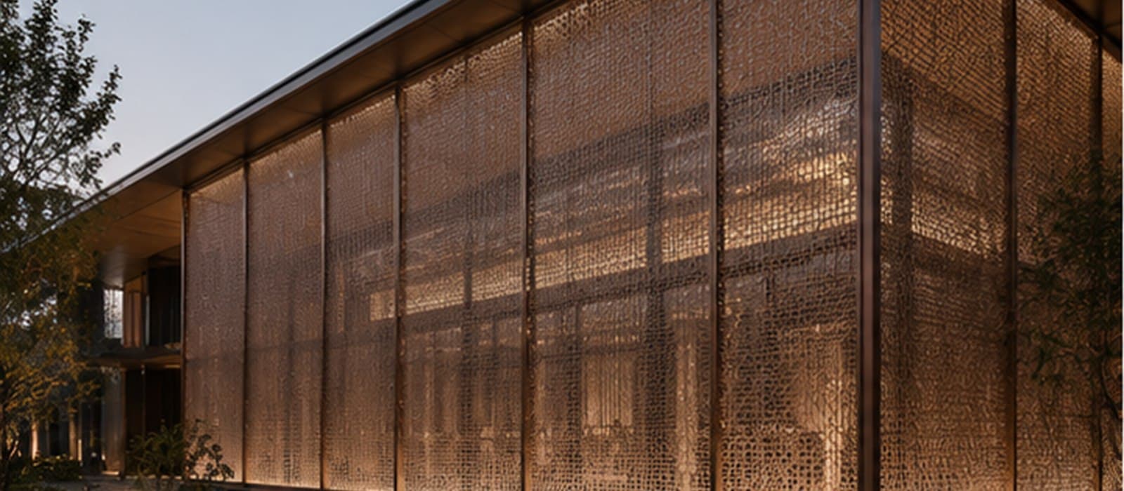 Contemporary building wrapped in bronze-tone architectural woven wire mesh facade panels