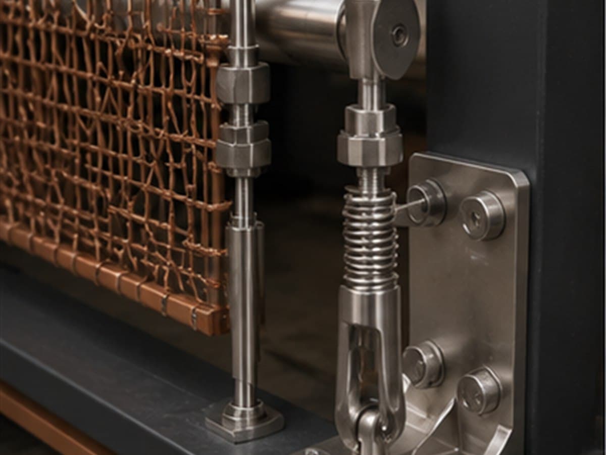 Close-up of architectural woven wire mesh tensioning hardware with clevis and spring adjustment