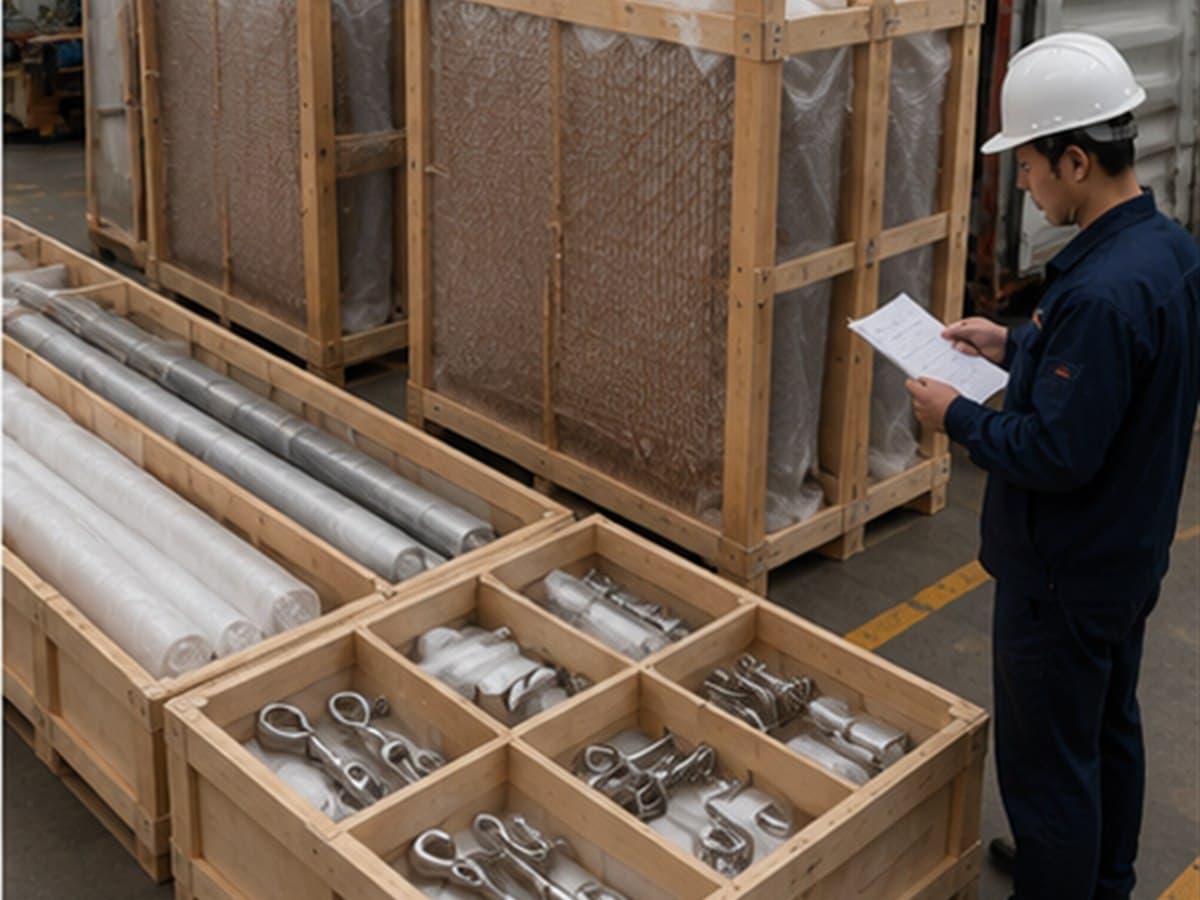 Inspector reviewing protected architectural mesh panels, rolls and tension hardware in export crates