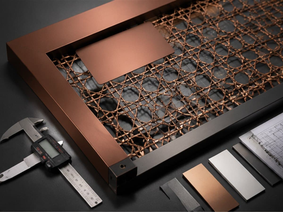 Bronze-tone architectural wire mesh sample with caliper, finish swatches and facade drawing