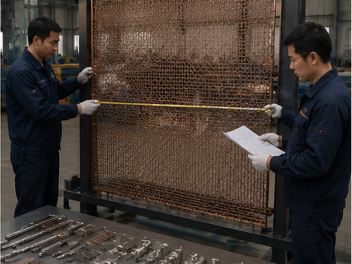 Technicians inspecting the width, squareness and finish of a bronze architectural wire mesh panel