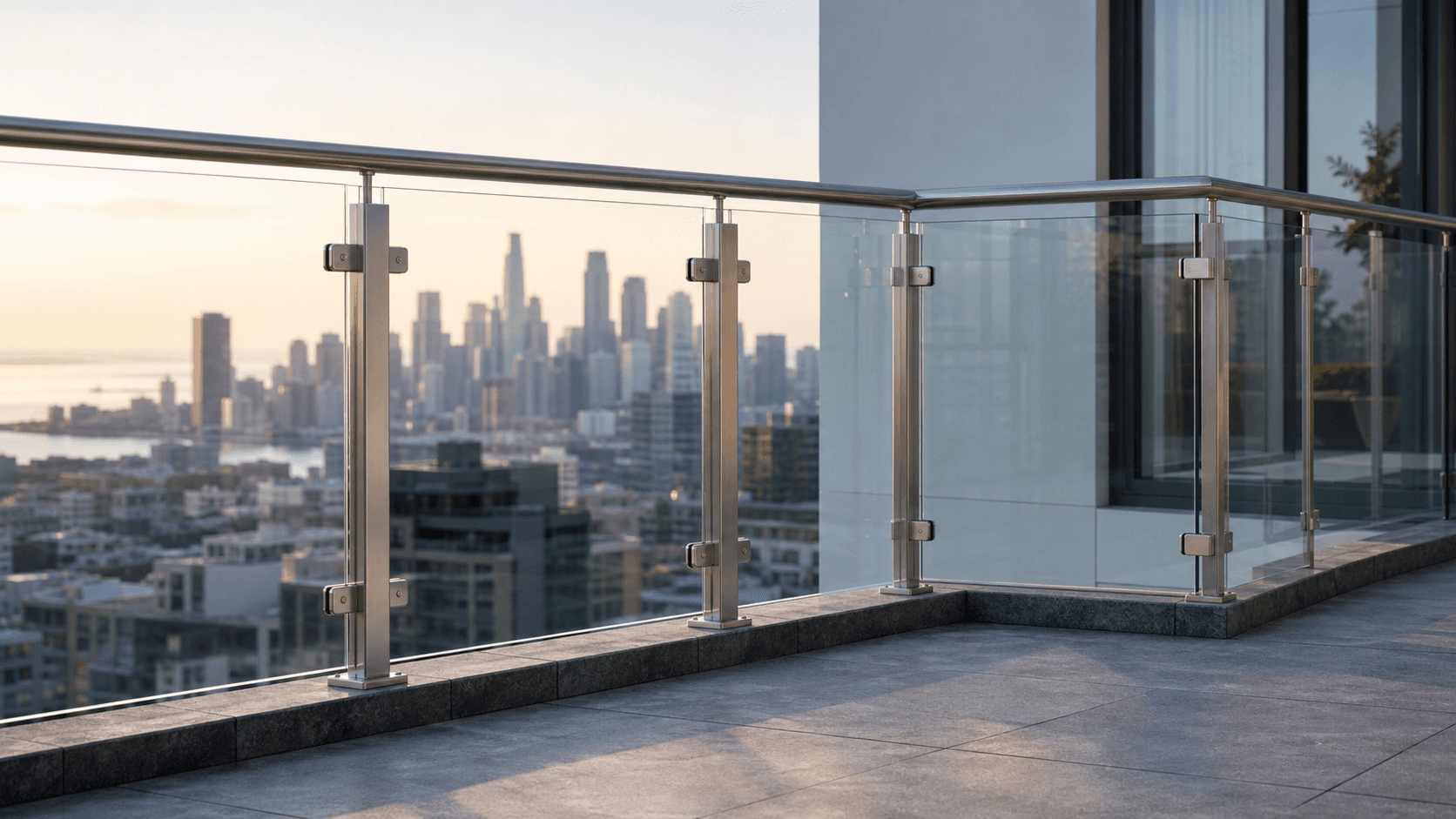 High-rise balcony with a stainless steel and clear glass railing system