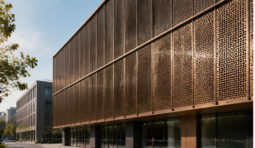 Contemporary commercial building with bronze perforated aluminum facade panels