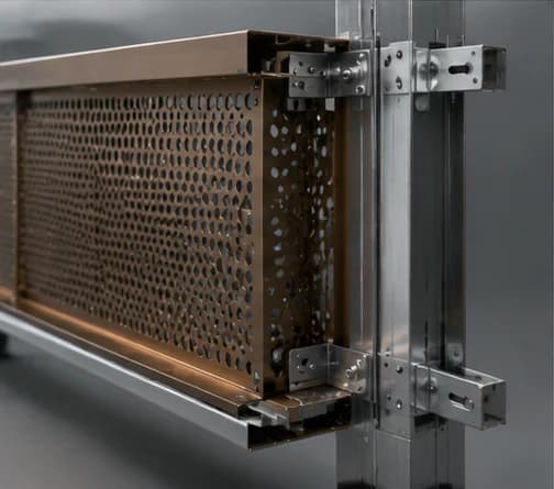 Rear view of a perforated aluminum facade cassette with folded edges and subframe brackets