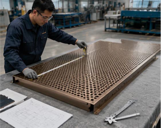 Factory inspector measuring a perforated aluminum facade panel first article