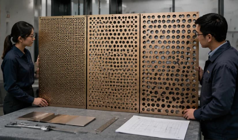 Architectural team comparing three perforated aluminum panel samples with different open areas