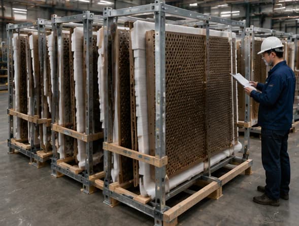 Perforated aluminum facade panels packed vertically in protected export racks