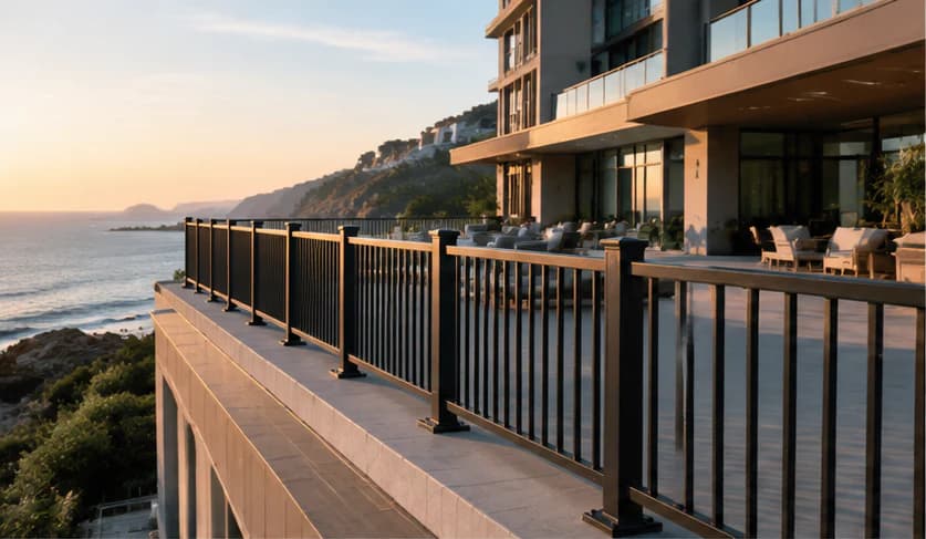 Matte black powder-coated aluminum railing on a modern coastal commercial terrace
