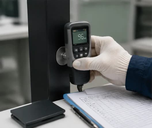 Inspector measuring coating thickness on a black aluminum railing post
