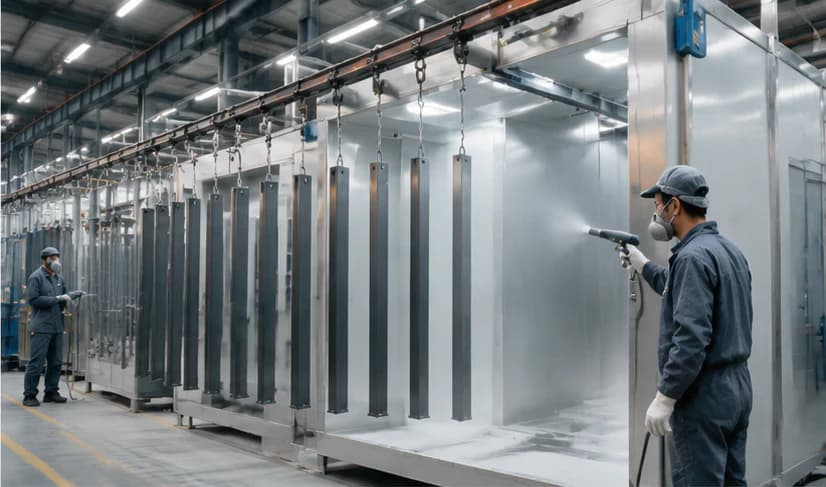 Aluminum railing components moving through a clean architectural powder-coating line