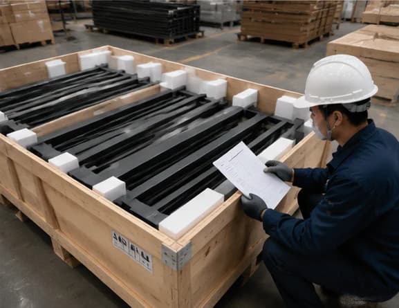 Powder-coated aluminum railing components protected in a labeled export crate