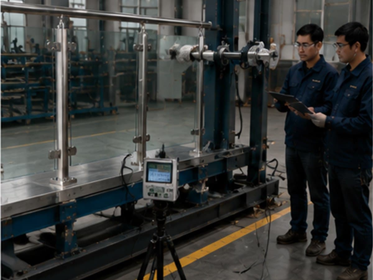 Full-size stainless steel and glass railing assembly undergoing controlled factory performance testing